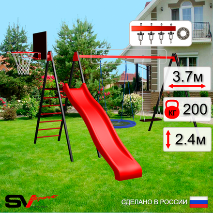 Уличные качели Sv Sport с горкой УК197КП2 (3.7м/Щит баскет/Гнездо Оксф. 100см/Деревянные/Подвесы на подш 2к)
