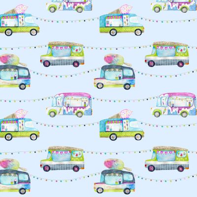 Грузовичок с мороженым и гирляндой на голубом фоне