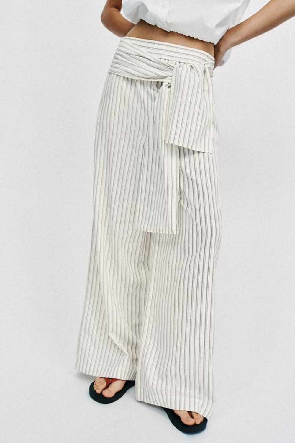 ZARA ШИРОКИЕ БРЮКИ В ПОЛОСКУ С ПЛАТКОМ, ЭКРЮ/КОРИЧНЕВЫЙ