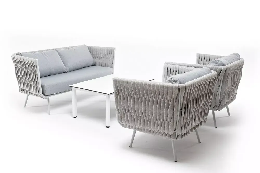 "Монако" лаунж-зона 4-местная из роупа со столом "Верона" (серый гранит), каркас светло-серый, роуп светло-серый