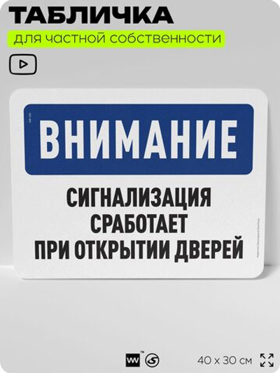 Табличка для частной территории "Внимание, сигнализация сработает при открытии дверей", на дом, для участка, организаций и частных территорий, 40х30 см, Silver Plane x Айдентика Технолоджи