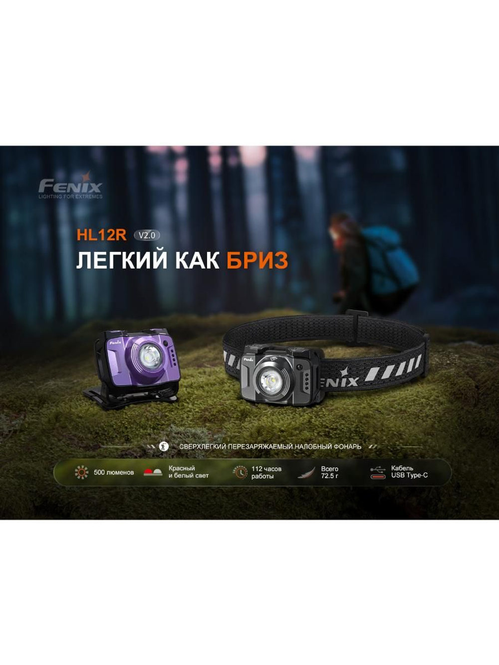 Фонарь Fenix налобный HL12R V2.0 серый 500 люмен