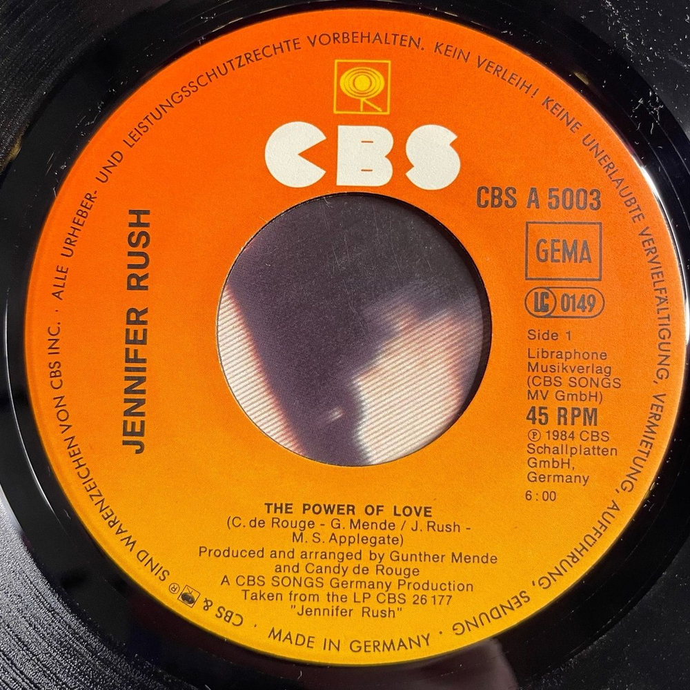 Винтажная виниловая пластинка LP Jennifer Rush The Power Of Love (Orchestral Remix) (Germany 1984) 7 дюймов, 45 RPM, Single