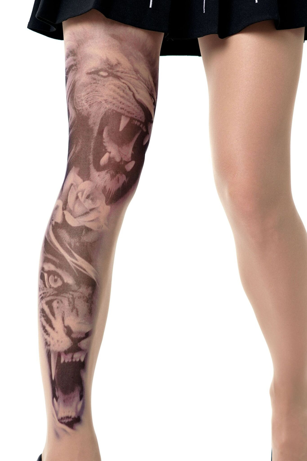 Колготки с рисунком-тату в виде льва и тигра (Размер: S-M-L) (Цвет: бежевый)