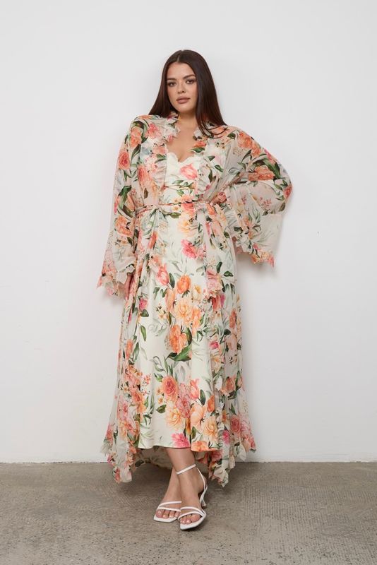 Платье-туника из шифона с рюшами, цветочный принт