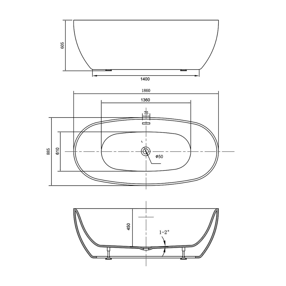 Ванна акриловая Vincea VBT-405-1860, 1860*885*605, цвет белый, щелевой перелив, , шт
