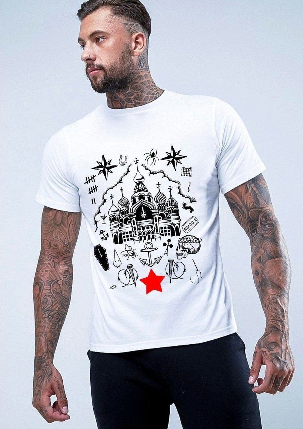 Белая футболка с принтами-тату (Размер: XXL) (Цвет: белый)
