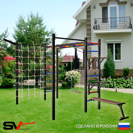 Уличная шведская стенка Sv Sport рукоход с комплектом турник прямой 2шт У5567 (Брусья/Стойка/Скамья/Деревянные/Кронш бокс/Сетка)