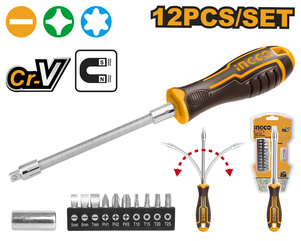 Отвертка гибкая с битами INGCO AKSDFL1208 12 шт.