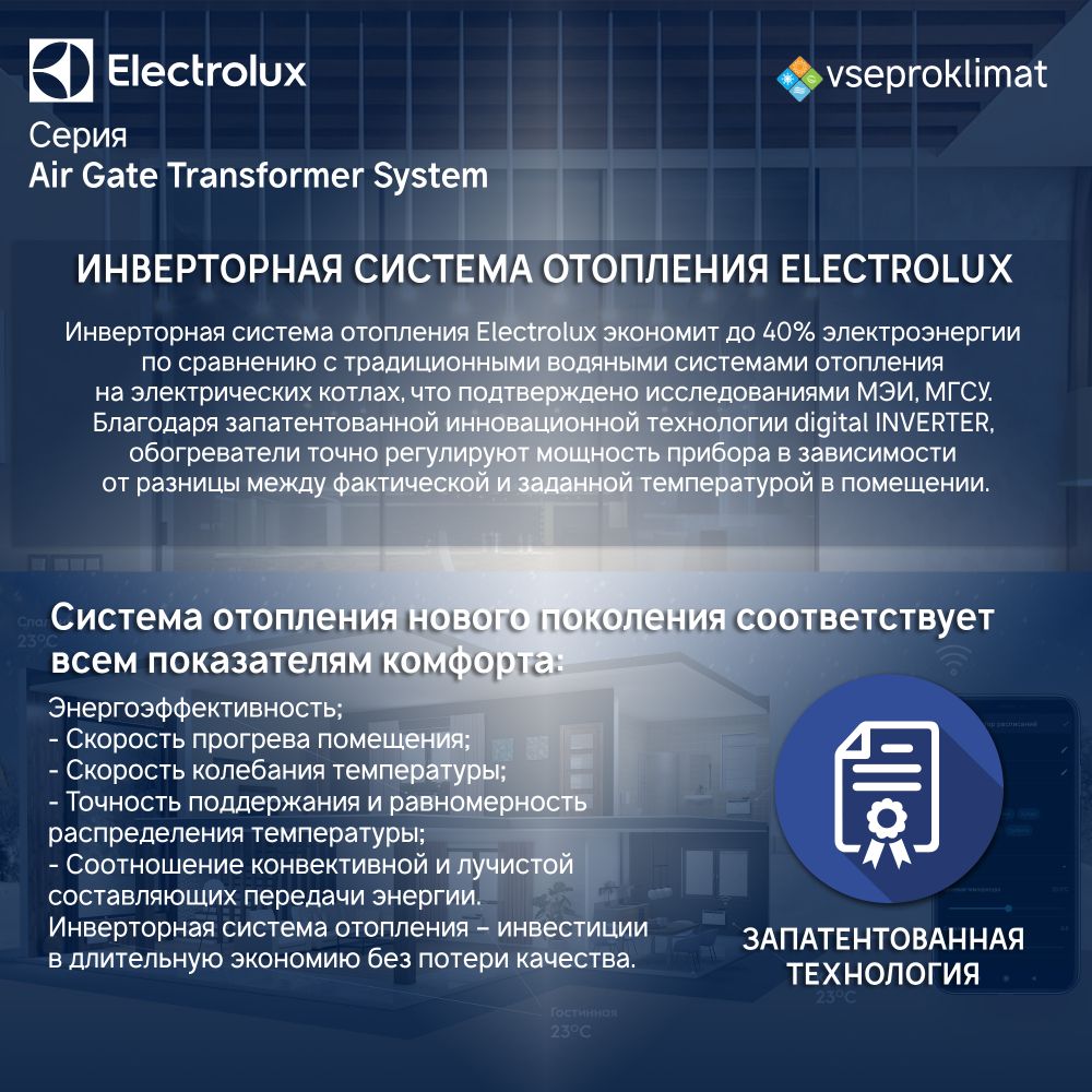 Инверторный конвектор Electrolux Air Gate Transformer с шасси и блоком управления ECH/AG2-2000 T-TUI4 с WI-FI, 10 ступеней мощности