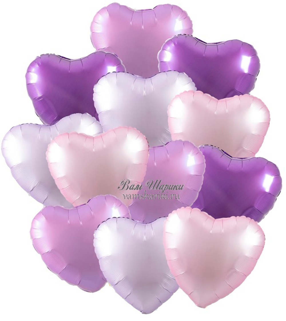 Сердца из фольги с гелием розовые и фиолетовые