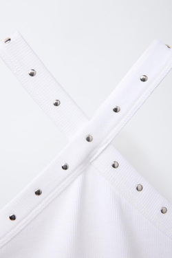 ZARA ТОП В РУБЧИК С ГОРЛОВИНОЙ ХАЛТЕР И ЗАКЛЕПКАМИ, БЕЛЫЙ