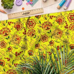 Ткань мембрана хохломские узоры на жёлтом