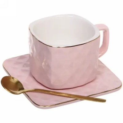 Чайная пара «Зефир» (кружка 240мл,блюдце, ложка) розовая, квадратная
