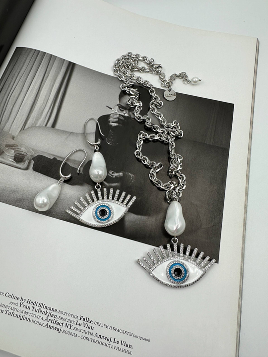 Кулон на цепочке "Аура", эмаль, цирконы, барочный жемчуг, оттенок серебро