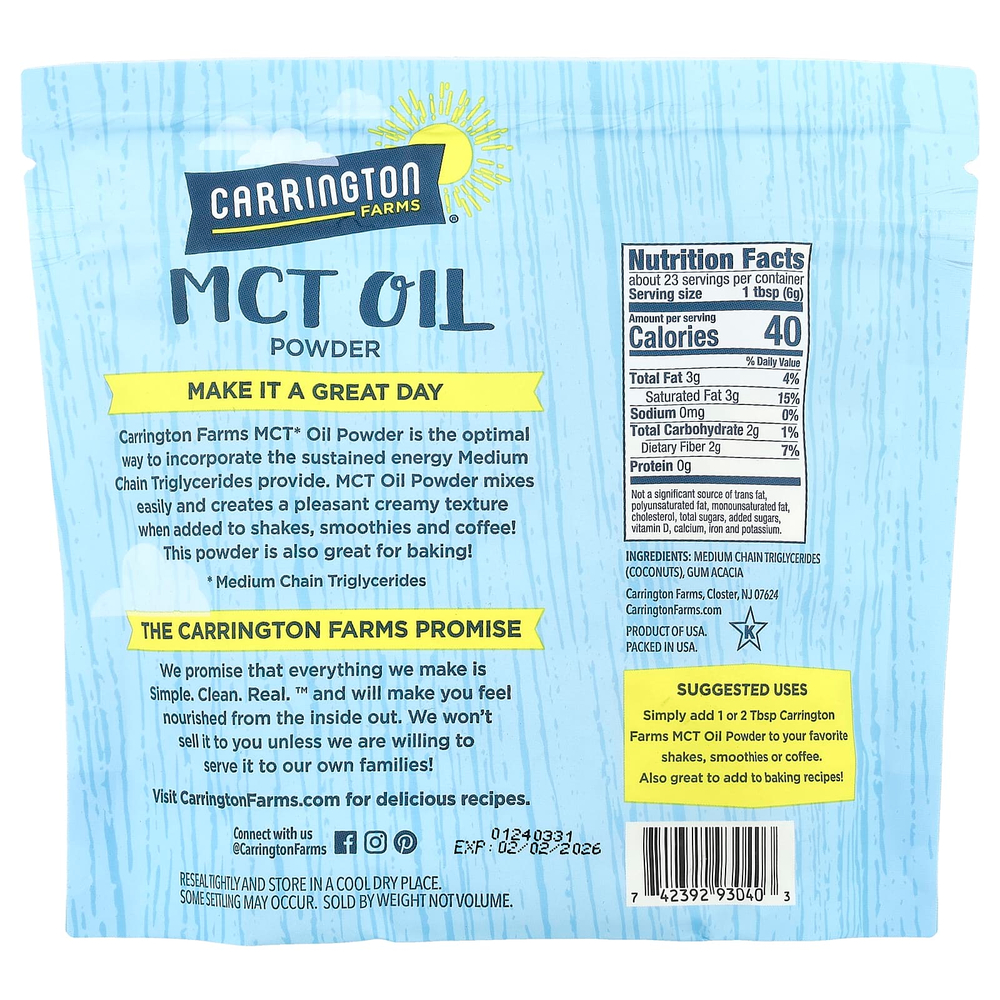 Carrington Farms, MCT масло в порошке, 141,7 г (5 унций)