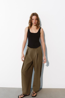 ZARA БРЮКИ BALLOON С ЗАЩИПАМИ, КОРИЧНЕВЫЙ МЕЛАНЖ