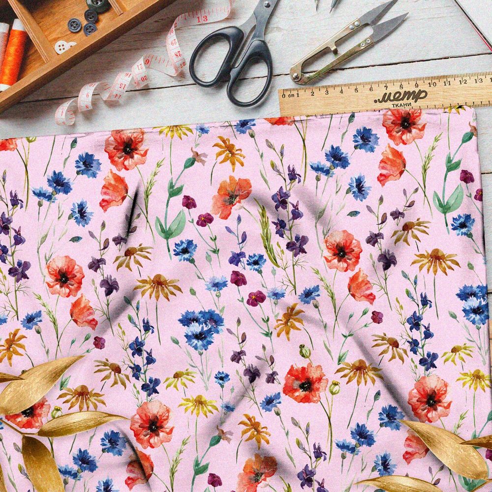 Ткань оксфорд 600 маки, васильки, ромашки и колокольчики