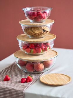 Набор из 4-х стеклянных мисок Eco Store с крышками из бамбука