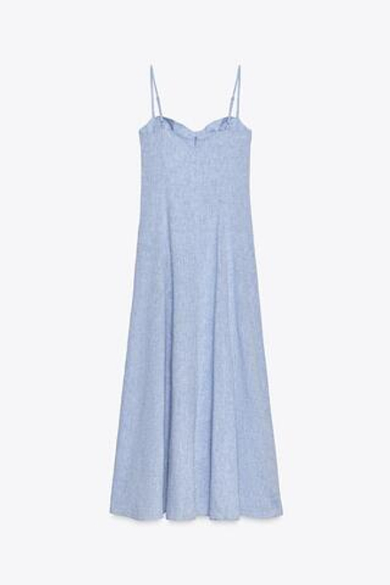 ZARA КОРСЕТНОЕ ПЛАТЬЕ МИДИ ИЗ ЛЬНА, СИНИЙ