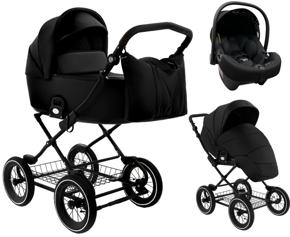 Детская коляска Roan Bass Next Classic Кожа d12 3 в 1 с автокреслом Elo Lux EduSky Black RCL300/1 Black