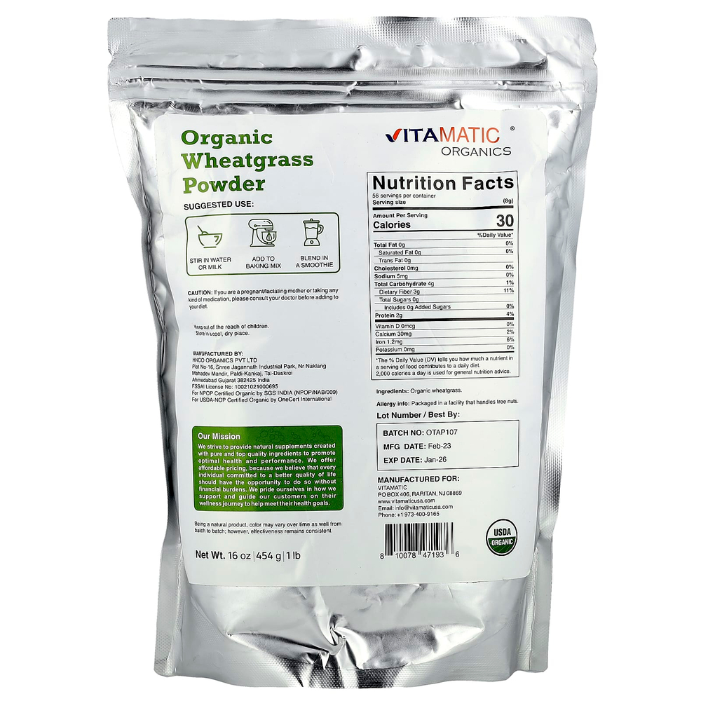 Vitamatic, Органический порошок ростков пшеницы, 454 г (16 унций)