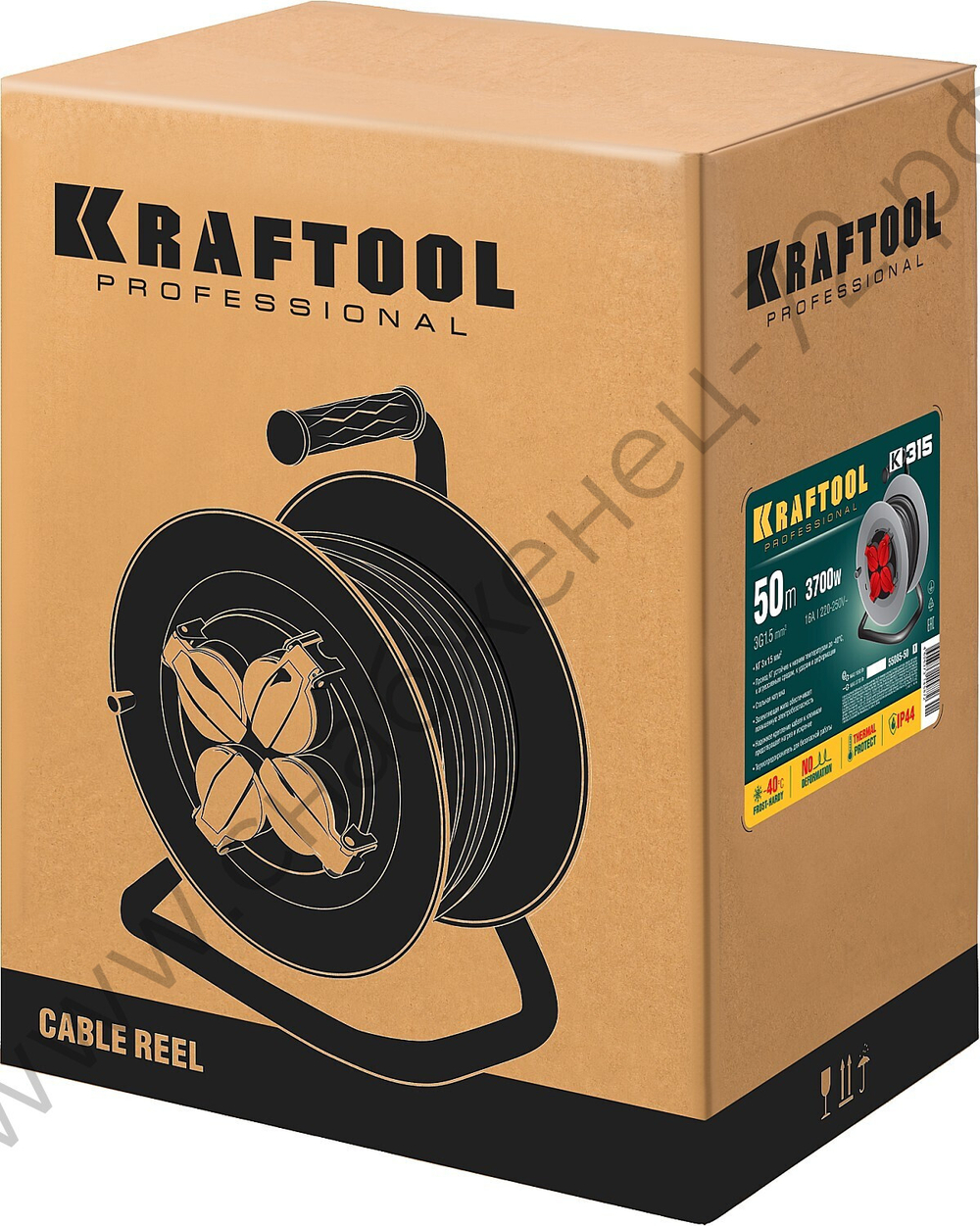 KRAFTOOL K-315, КГ 3х1.5 50м 3700Вт IP44, Силовой удлинитель на стальной катушке (55085-50)