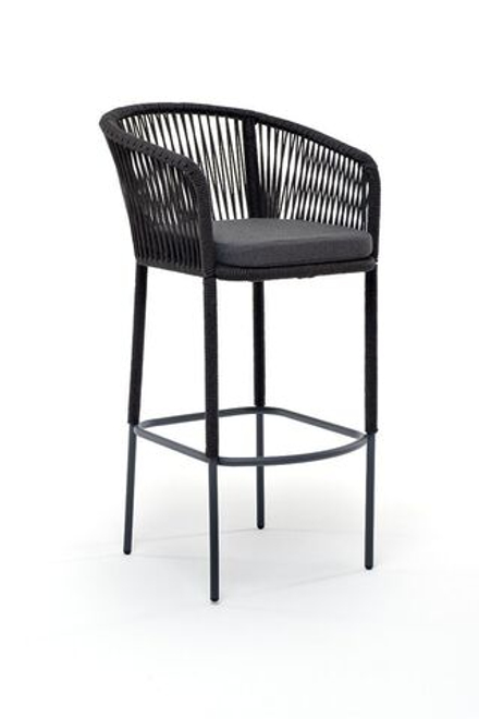 "Марсель" стул барный плетеный из роупа, каркас из стали серый (RAL7022), роуп темно-серый круглый, ткань темно-серая 019