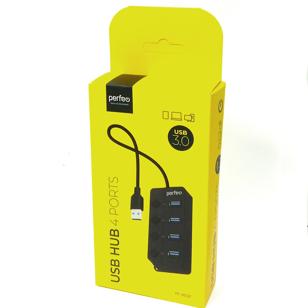 Картридер USB - Xaб Perfeo PF-H032 4 порта,USB 3.0