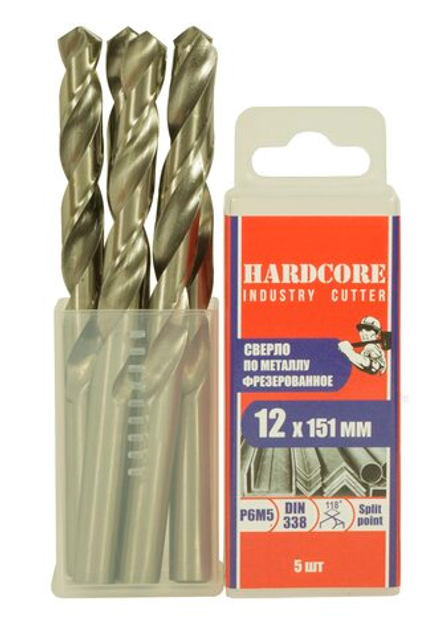 Сверло по металлу фрез. Р6М5 12.0х151мм 5 шт/уп "Hardcore" Industry cutter