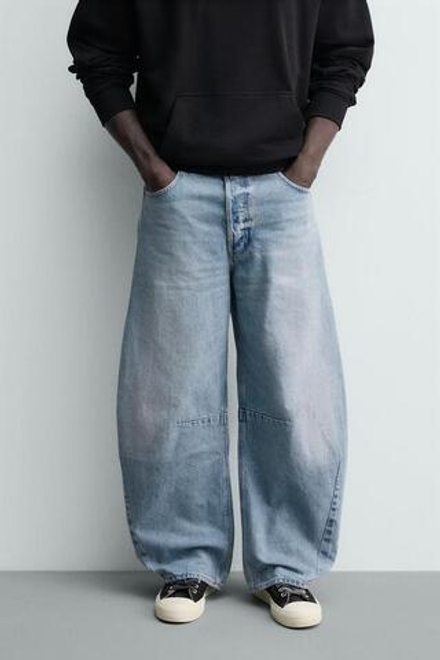 ZARA ДЖИНСЫ RELAXED BARREL FIT С ЗАЩИПАМИ, ГОЛУБОЙ