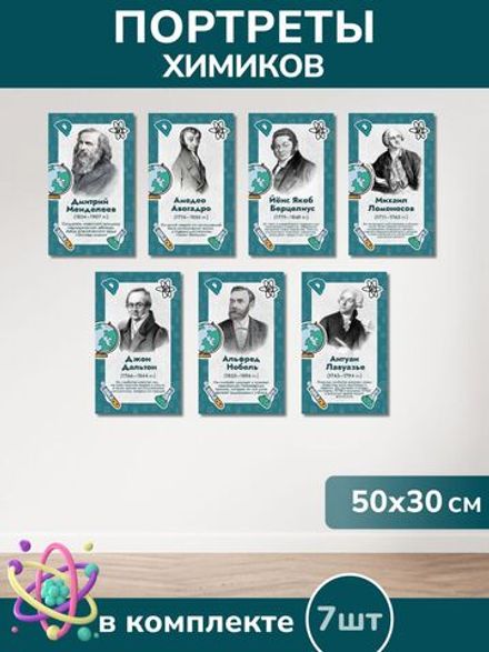 Набор ученых химиков из ПВХ пластика 7 шт. Портреты (300*500 мм.)