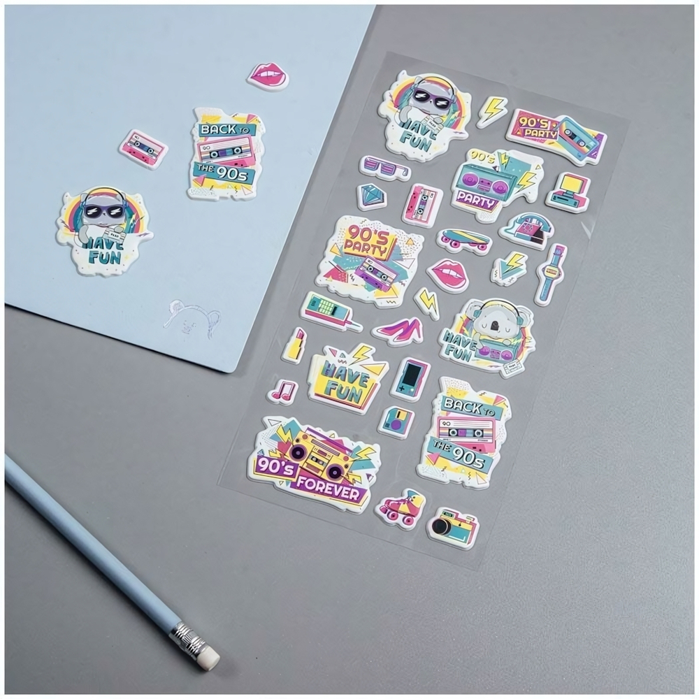 Наклейки объемные "90 s party", 10*24см, 27 наклеек, инд. уп., европодвес (MESHU)