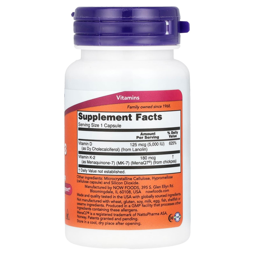 NOW Foods, мега D3 и MK-7, 5000 МЕ / 180 мкг, 60 капсул
