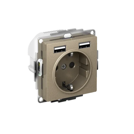 Розетка 1-м СП AtlasDesign 16А IP20 с 2-мя заряд. устройствами USB тип A+A 5В/2.4А 2х5В/1.2А механизм шампань SE ATN000530