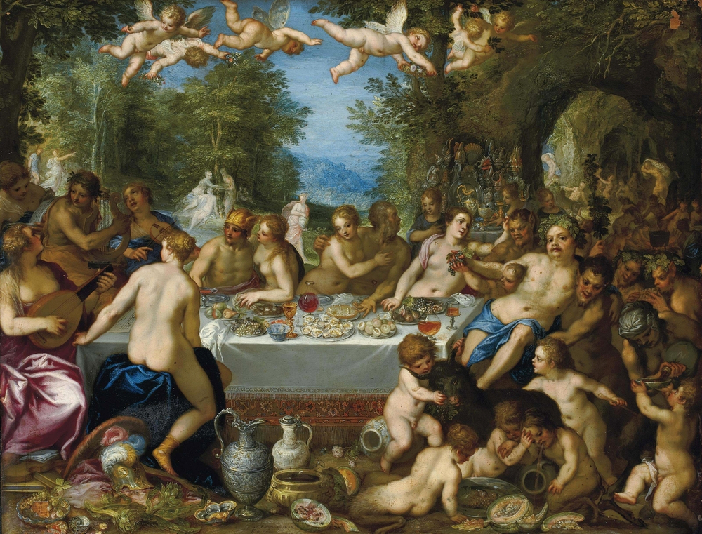 Ян Брейгель Старший. 1602. Пир богов, свадьба Вакха и Ариадны (The Feast of the gods, the marriage of Bacchus) (совместно с Гансом Роттенхаммером). 31.2 х 40.5. Медь, масло. Частное собрание.