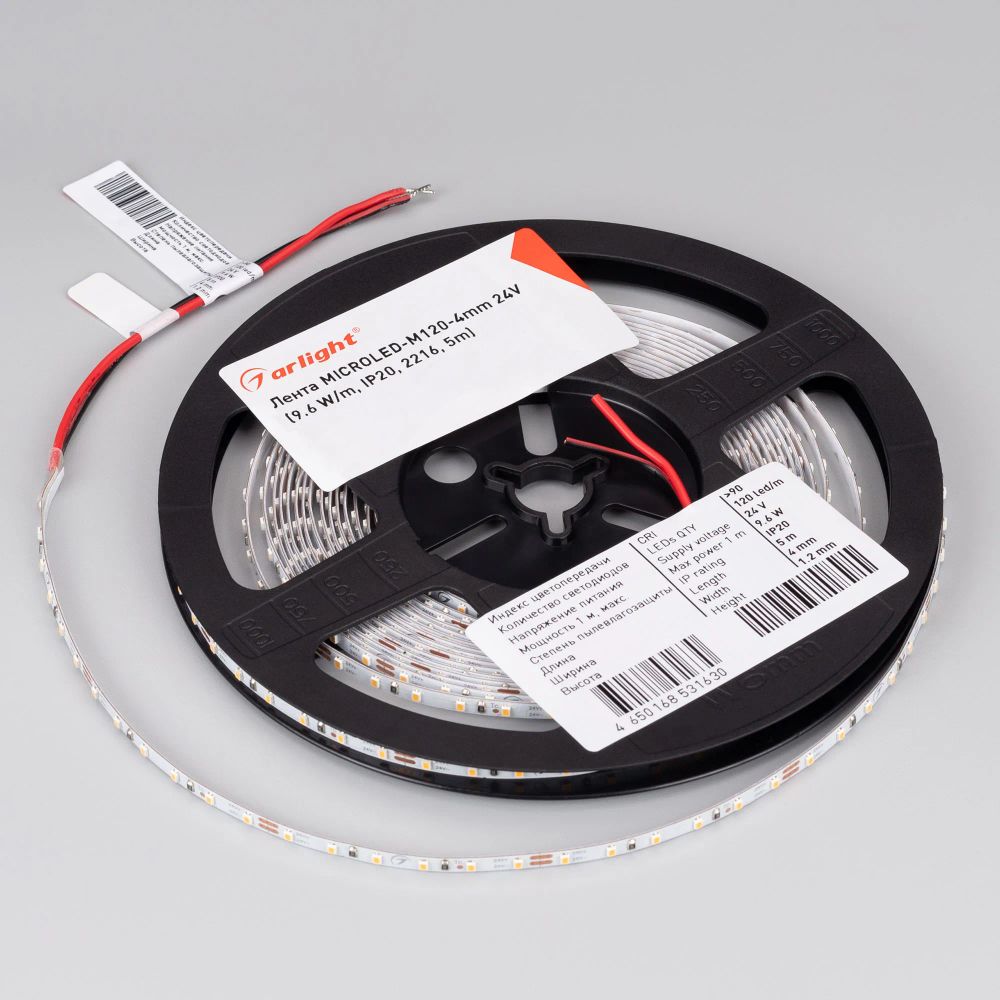 Светодиодная лента MICROLED-M120-4mm 24V White6000 (9.6 W/m, IP20, 2216, 5m) (Arlight, узкая) 024410(2)