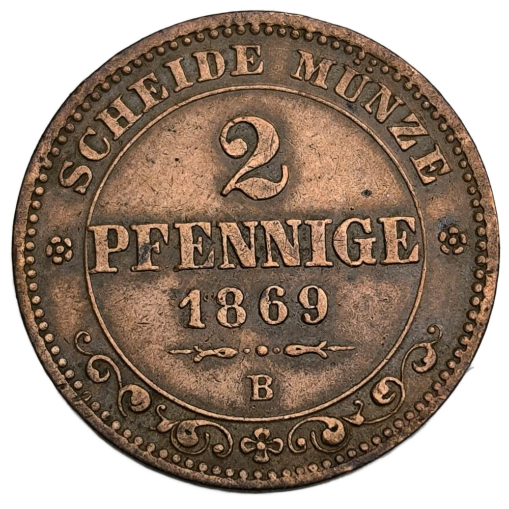 Монета 2 пфеннига Германия (Саксония) 1869 год
