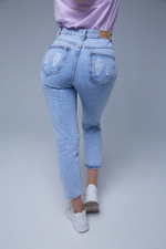 Женские голубые джинсы с потертостями оптом