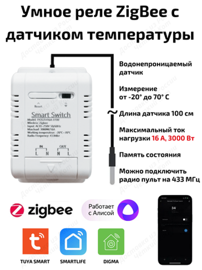 Умное реле Zigbee 16 А c датчиком температуры