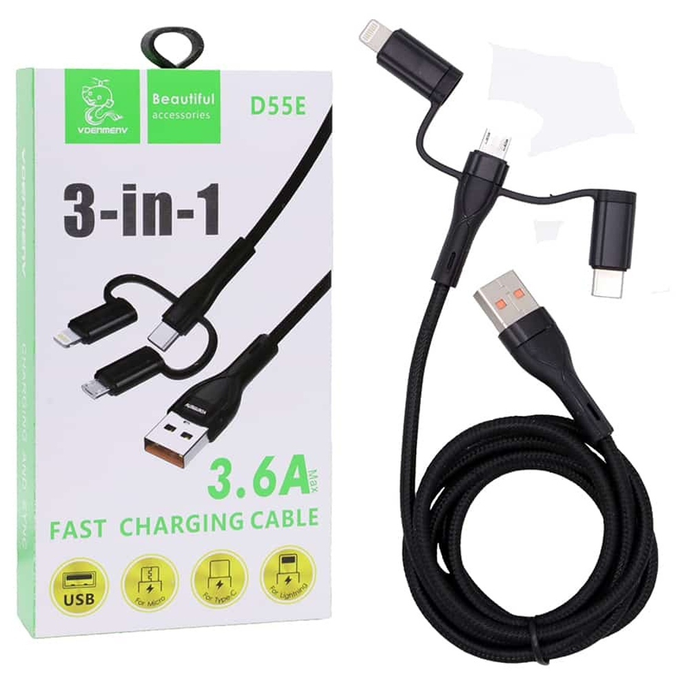 Кабель USB DENMEN D55E 3 в 1 для iPhone/Micro/Type C (черный) 1m