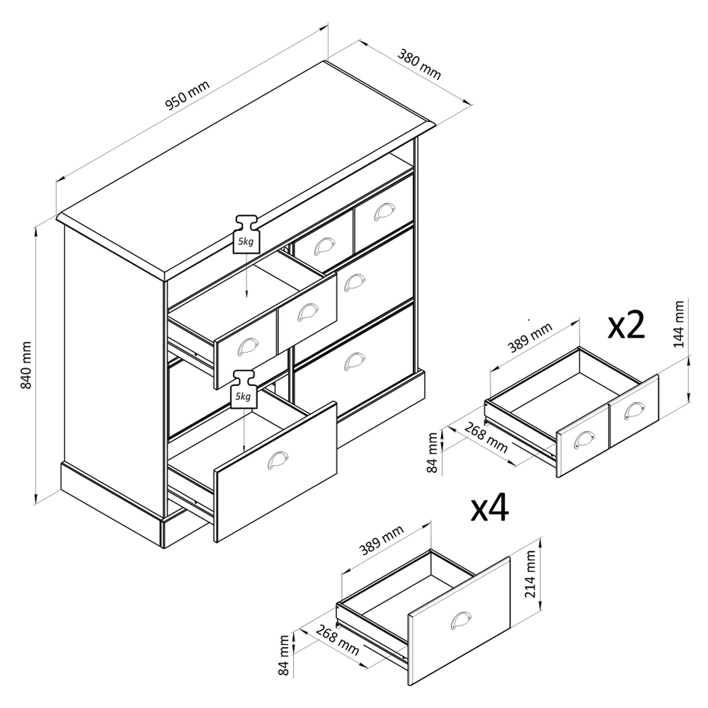Комод деревянный Тэа с полкой из сосны, 6 ящиков