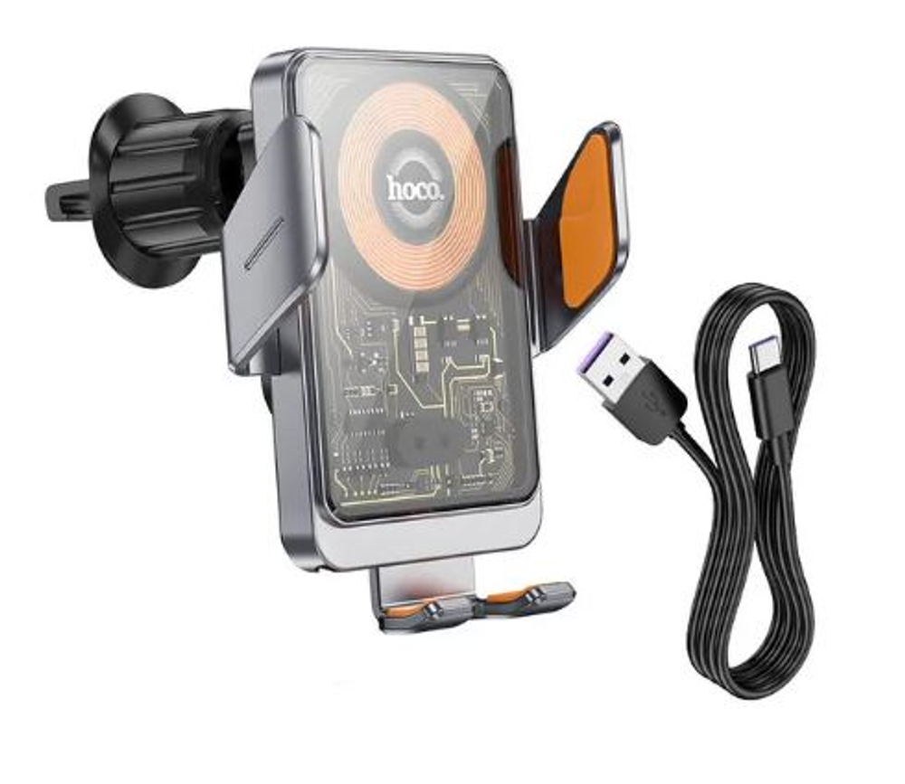 Подставка под телефон + беспров.зарядка,15W, сенсорн.удерж., Hoco HW7 серебро (на дифлектор) 48591