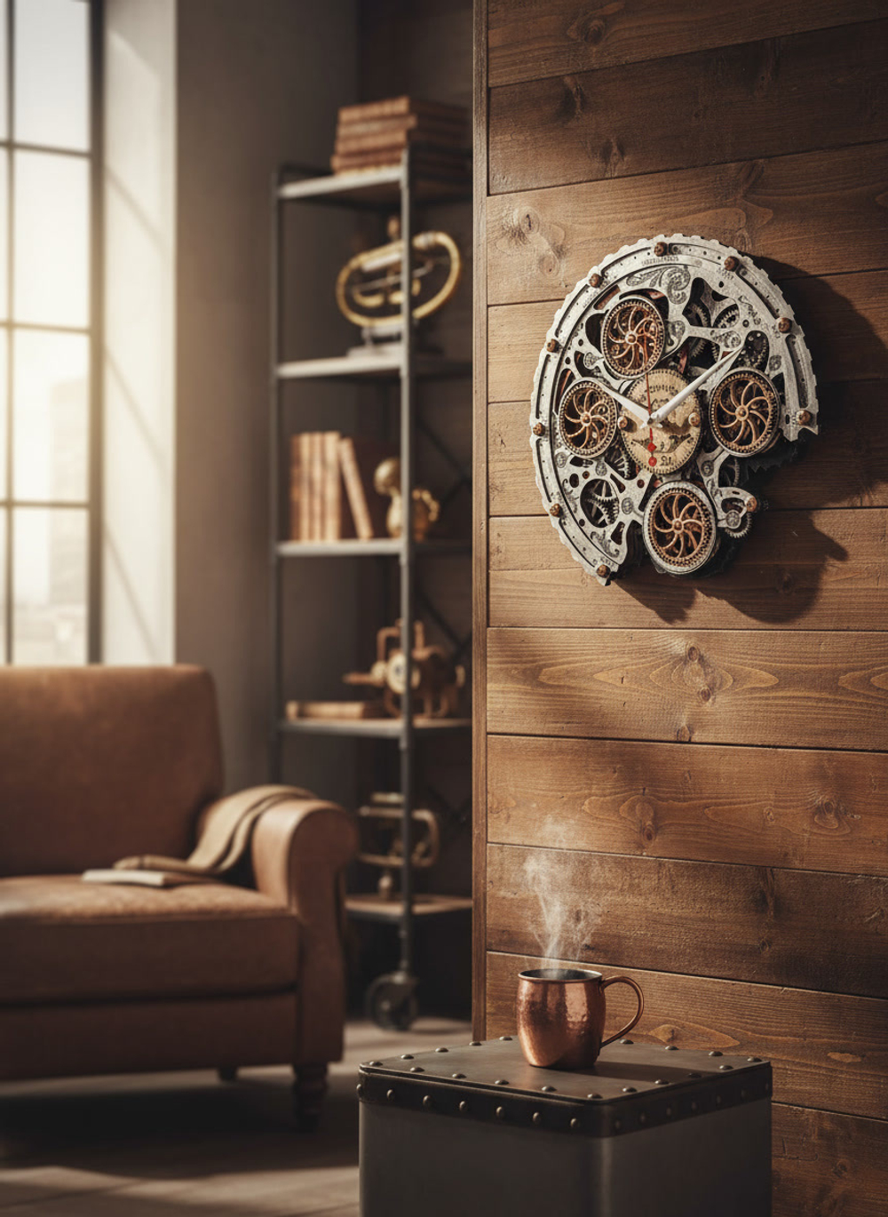 Настенные часы WOODandROOT Automaton Bite 1682 на деревянной стене в лофт-интерьере — мягкий свет, кресло и полка с книгами создают уютную атмосферу