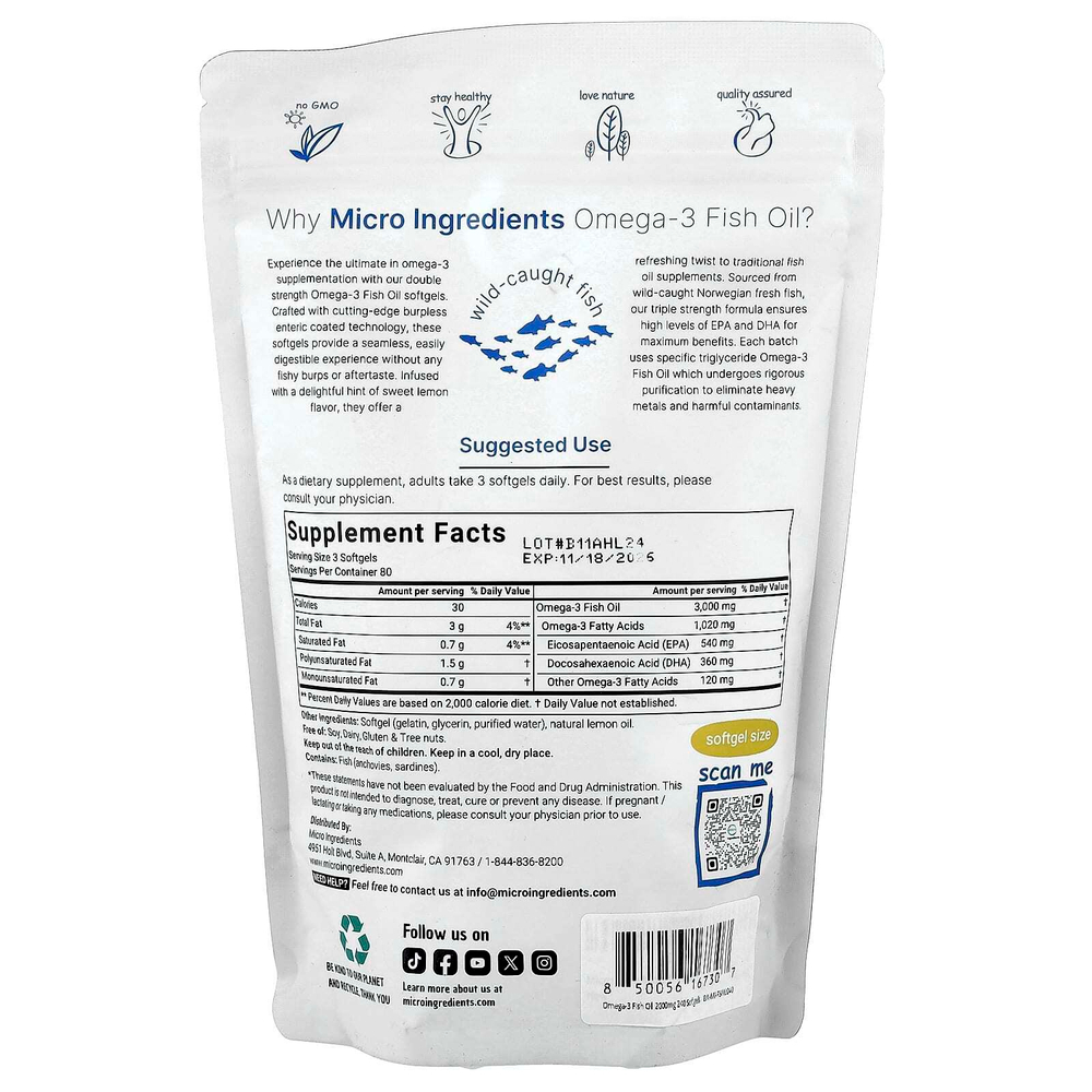 Micro Ingredients, Double Strength, рыбий жир с омега-3, лимон, 240 капсул (1000 мг в каждой капсуле)