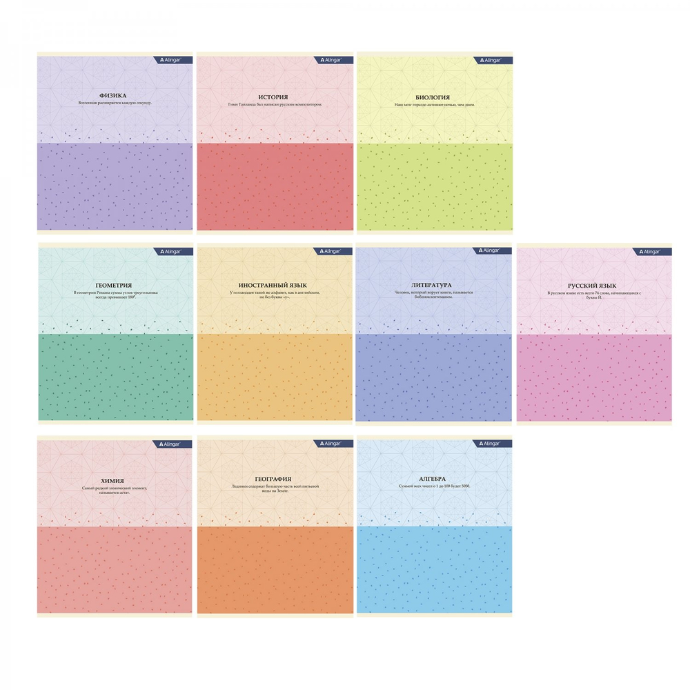 Комплект предметных тетрадей А5 48л., 10 предметов, со справочным материалом, скрепка, мелов. картон (стандарт), блок офсет, Alingar "Pastel classic"