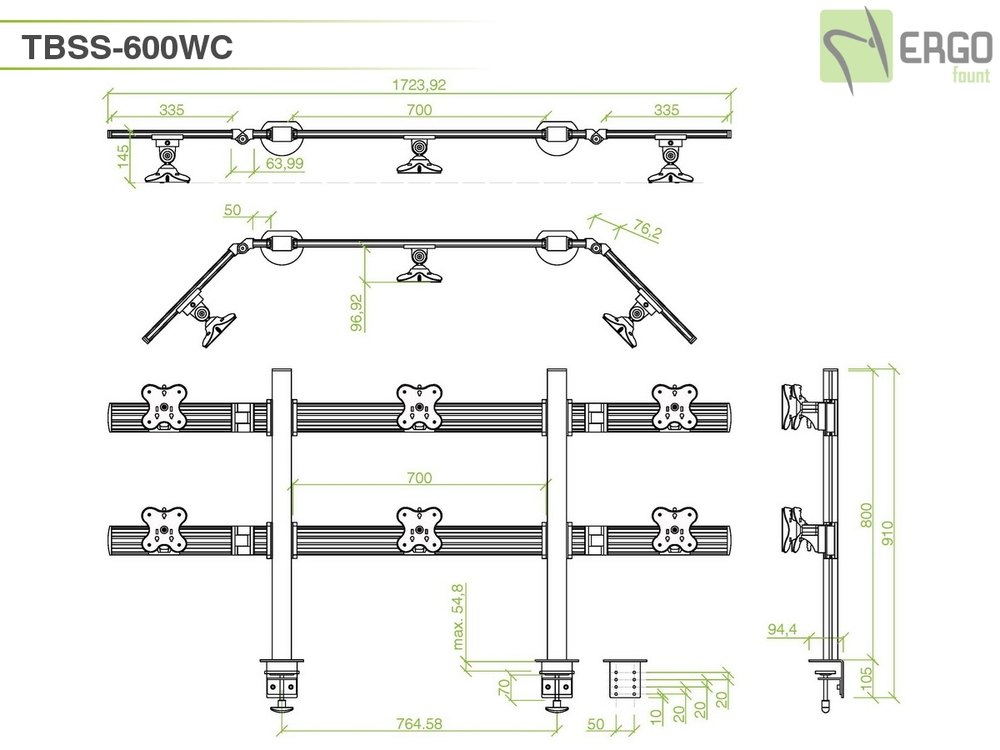 ErgoFount TBSS-600WC Настольное крепление для 6 мониторов диагональю до 24'' конфигурации 2х3 с зажимом к столу типа "С". Цвет - серебристый