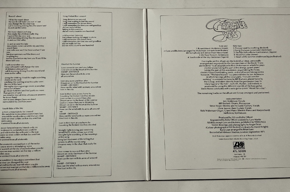Винтажная виниловая пластинка LP Yes Fragile (Germany 1973) Roundabout ATL 50 009