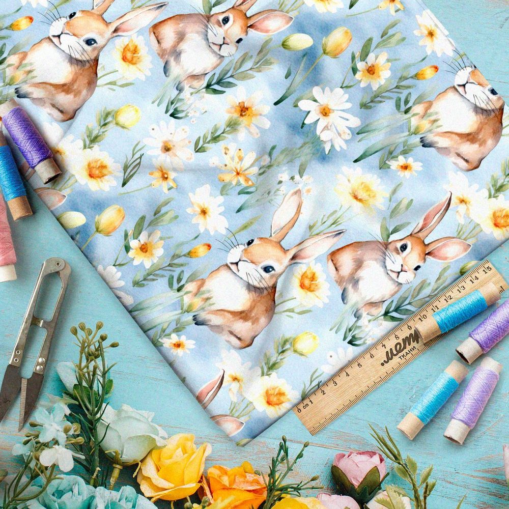 Ткань премиум габардин весенние зайцы