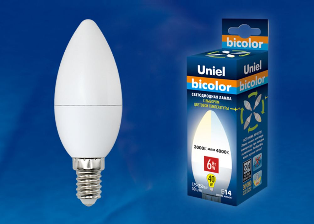 LED-C37-6W/WW+NW/E14/FR PLB01WH Лампа светодиодная. Форма «свеча», матовая. Серия Bicolor. Теплый белый свет - Белый свет. Картон. ТМ Uniel.